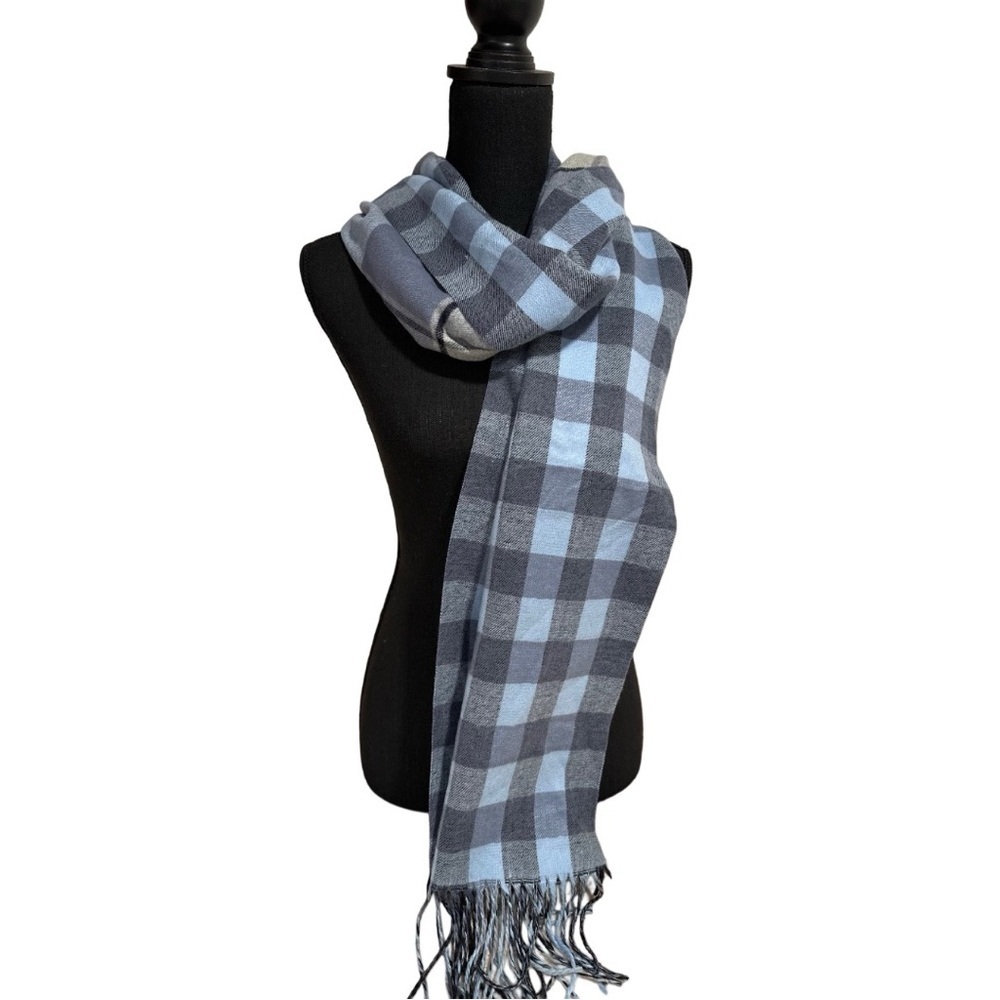 Super SoftDouble sided Plaid & Checked Pattern Blue Toned Long Scarf NEW - Picture 8 of 17